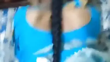 Desi chudai of Bhabhi lying on bed in blue saree